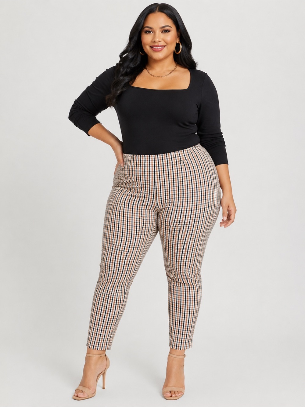 A New Day Tan Multicolored Plaid Plus Size Business Casual High Waist Pants